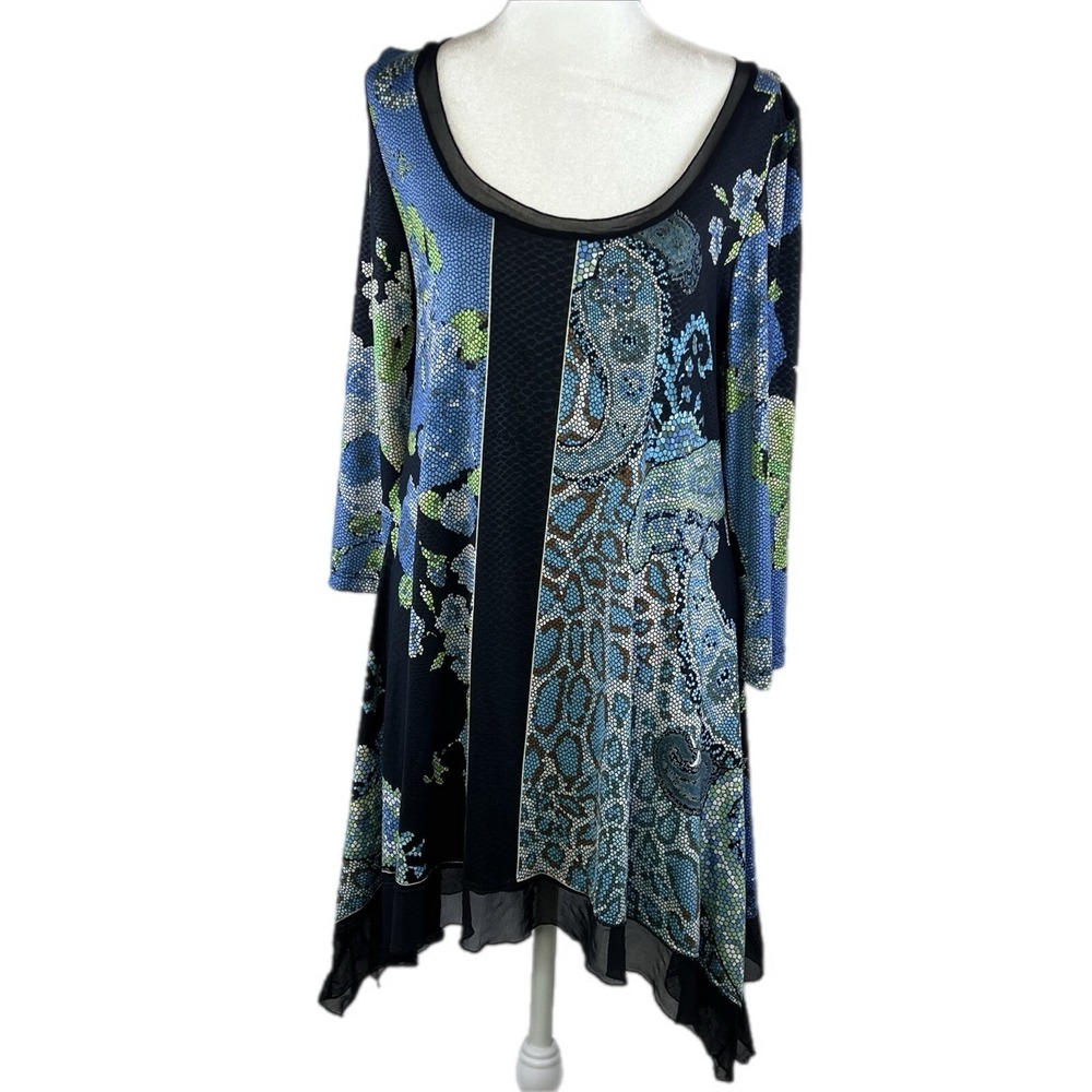 Fairy Dress Lg Tunic Asymmetrical Hem Mosaic Artsy Sheer Print Whimsical Blue‎